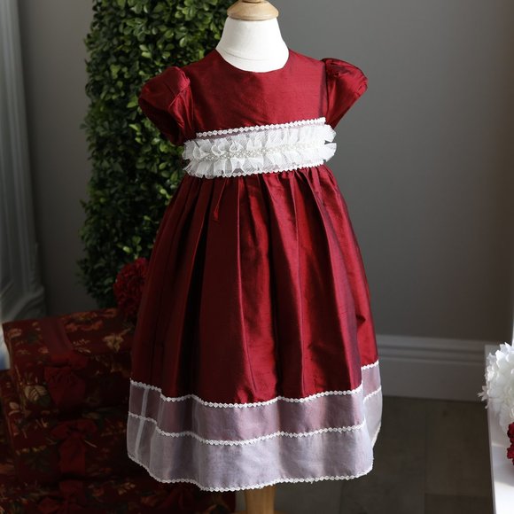 Girl's Red Silk Special Occasion Ivory Beaded Dress Size 3 Flower Girl - Picture 1 of 7